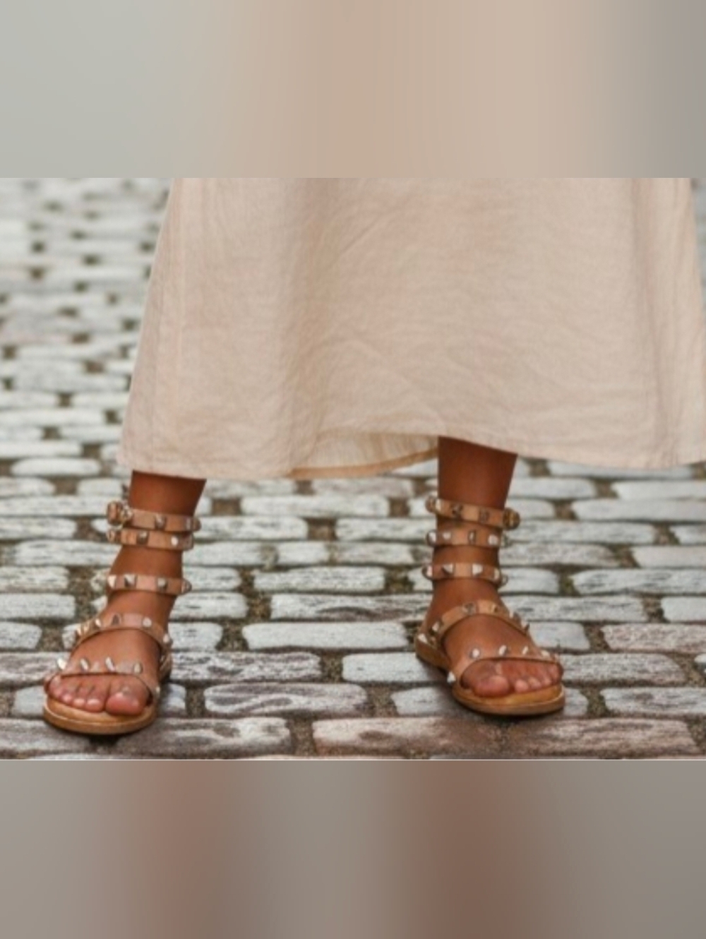 Nicole Miller Studded Ankle-Wrap Sandals in Tan